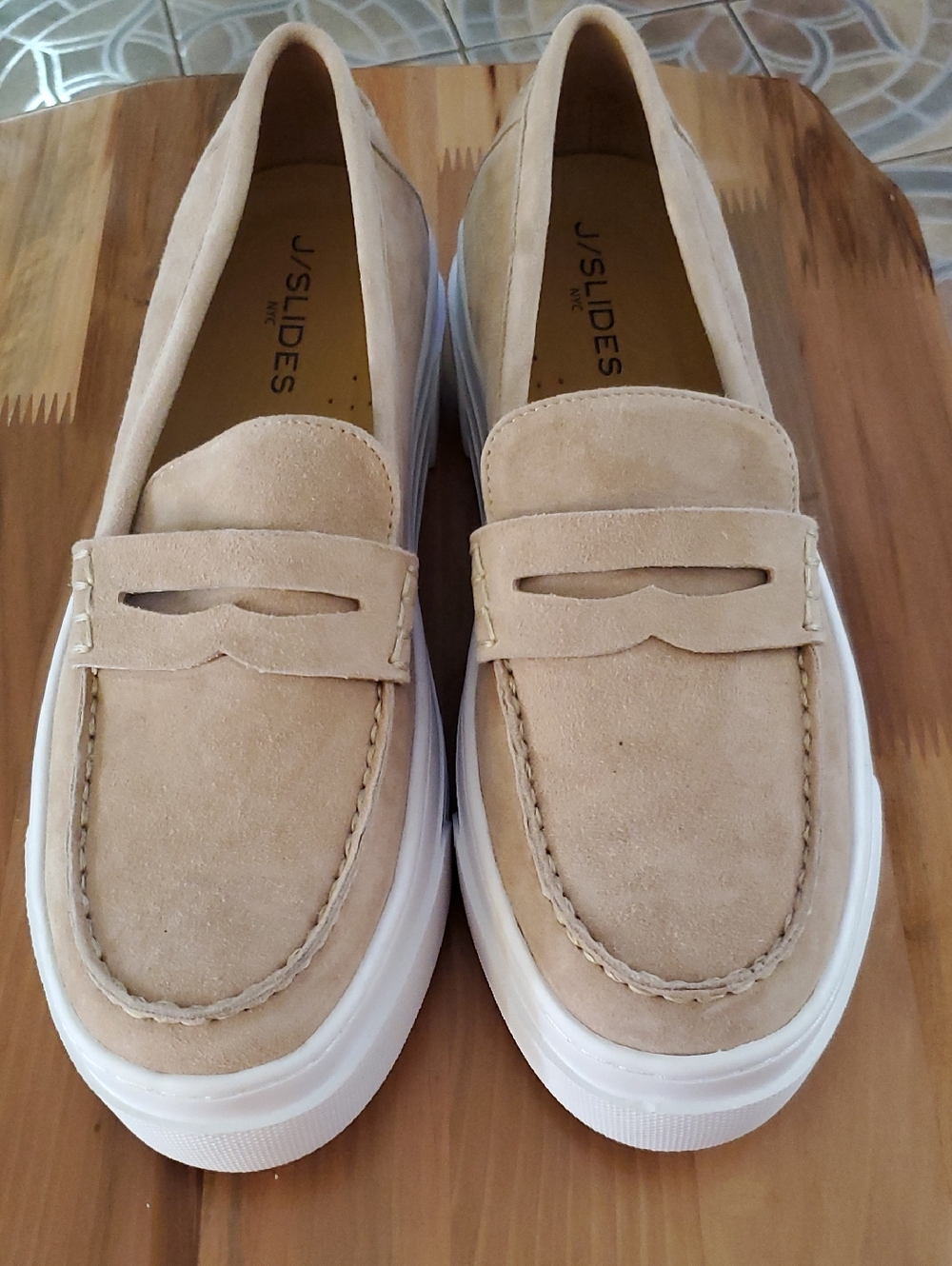 J/SLIDES Beige Suede Platform Penny Loafers